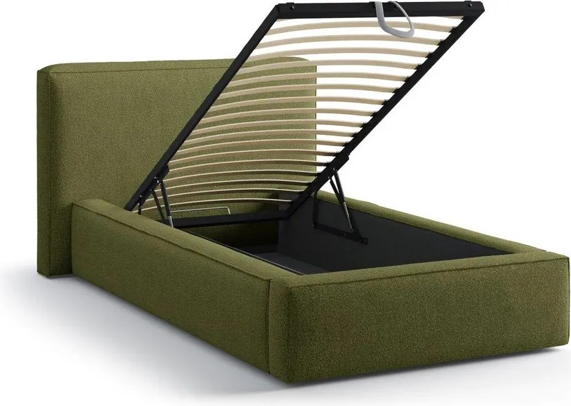 Zöld kárpitozott ágyneműtartós egyszemélyes ágy ágyráccsal 90x200 cm Jodie – Micadoni