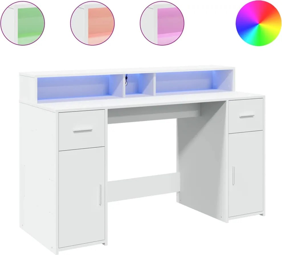 vidaXL fehér szerelt fa íróasztal LED-világítással 140 x 55 x 91 cm