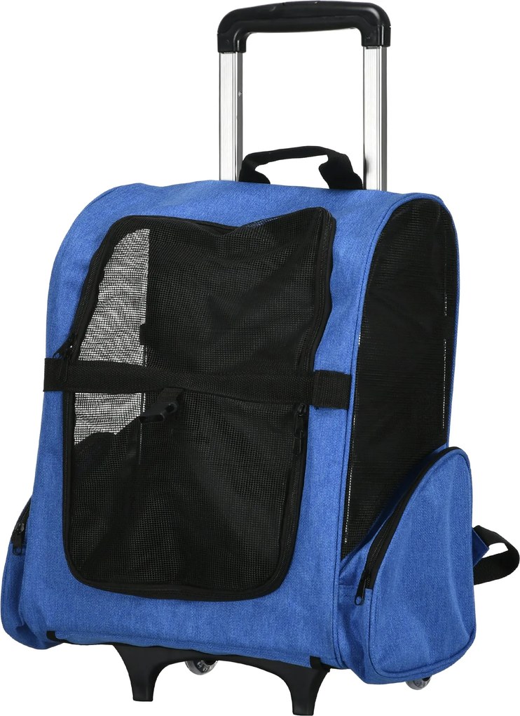 PawHut 2 az 1-ben Kutyaszállító Kerekes Hátizsák 2 Kerekével Macskák és Kutyák Számára 42x25x55 cm Kék | Aosom