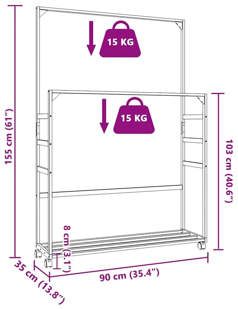 bambusz ruhaállvány polcokkal és kerekekkel 90x35x155 cm