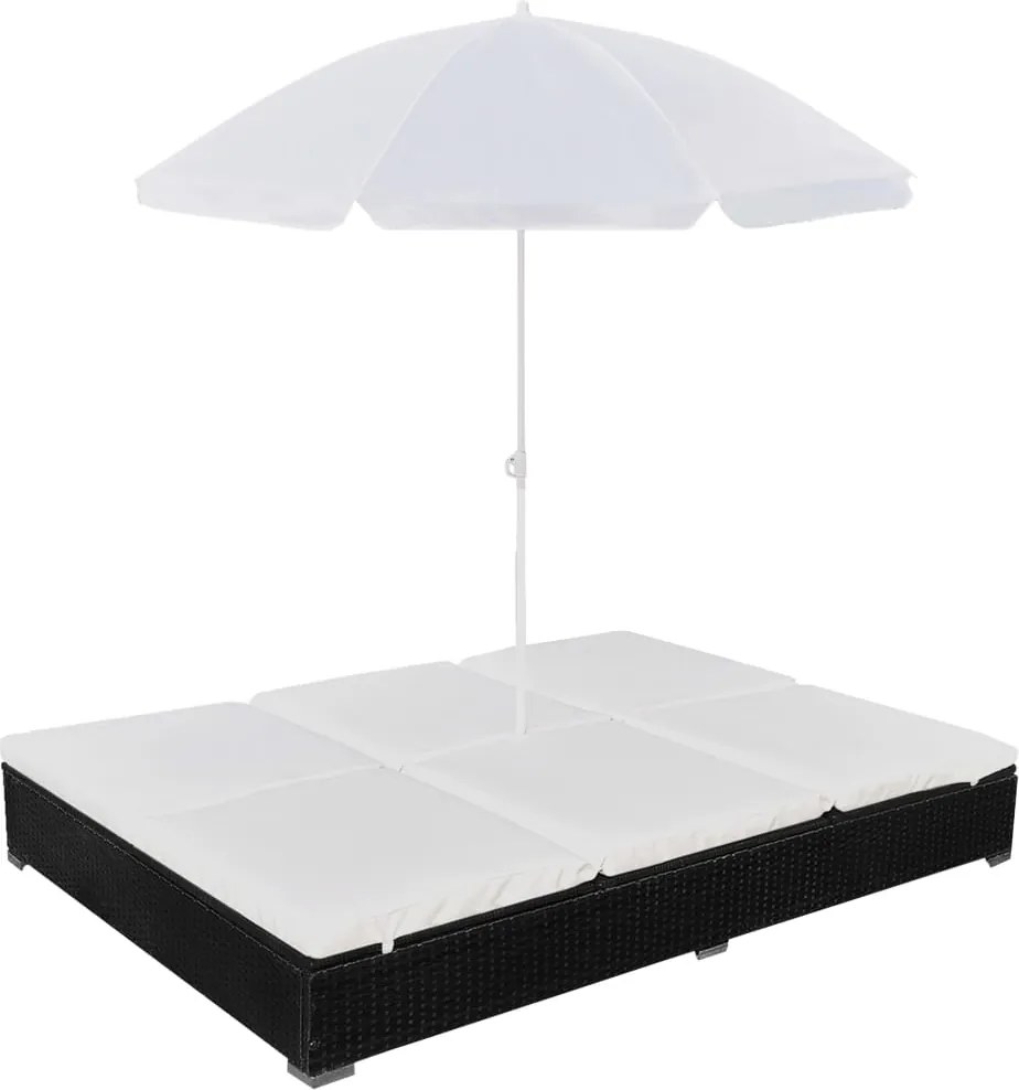 vidaXL fekete polyrattan napozóágy napernyővel