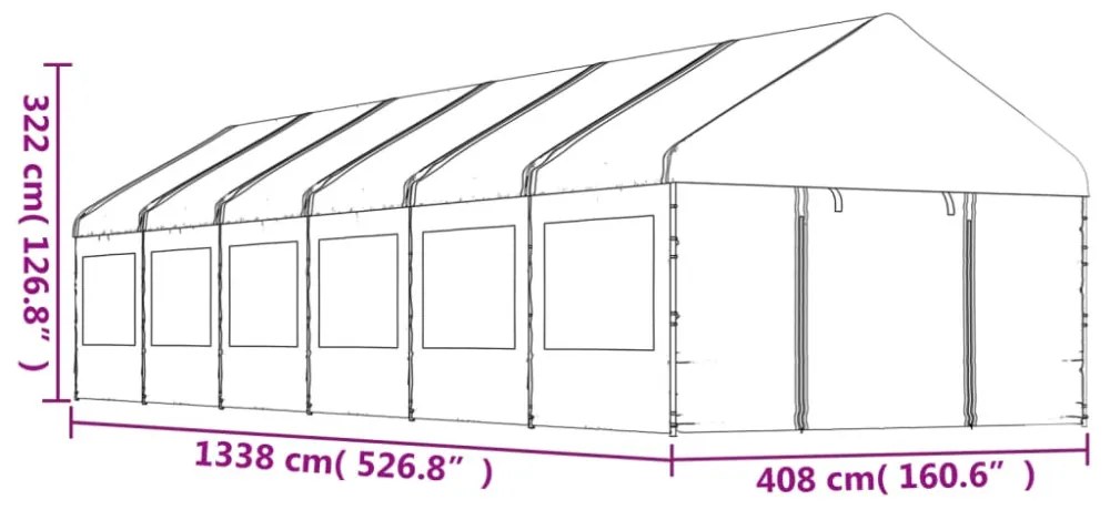 fehér polietilén pavilon tetővel 13,38 x 4,08 x 3,22 m