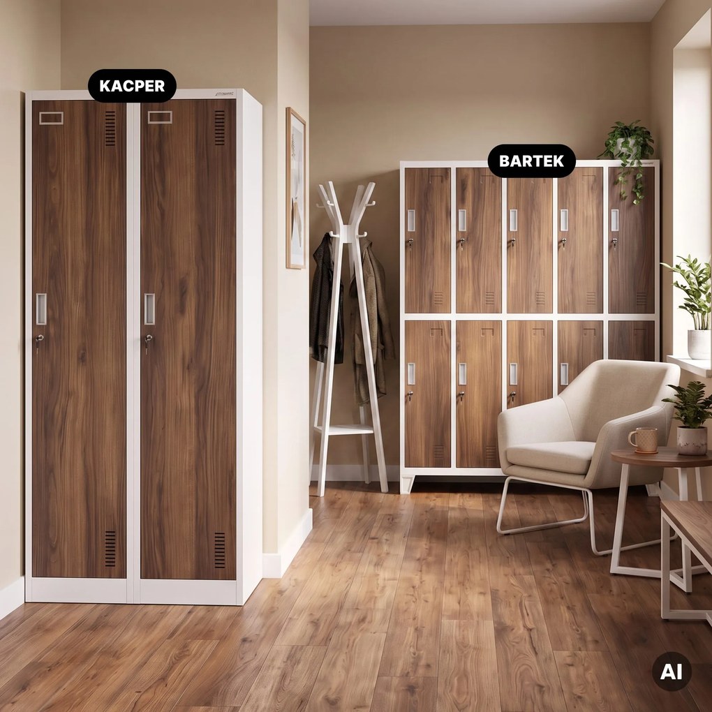 Munkavállalói szekrény, 4 rekeszes, fehér/dió, 800x1800x500 mm: KACPER Eco Design