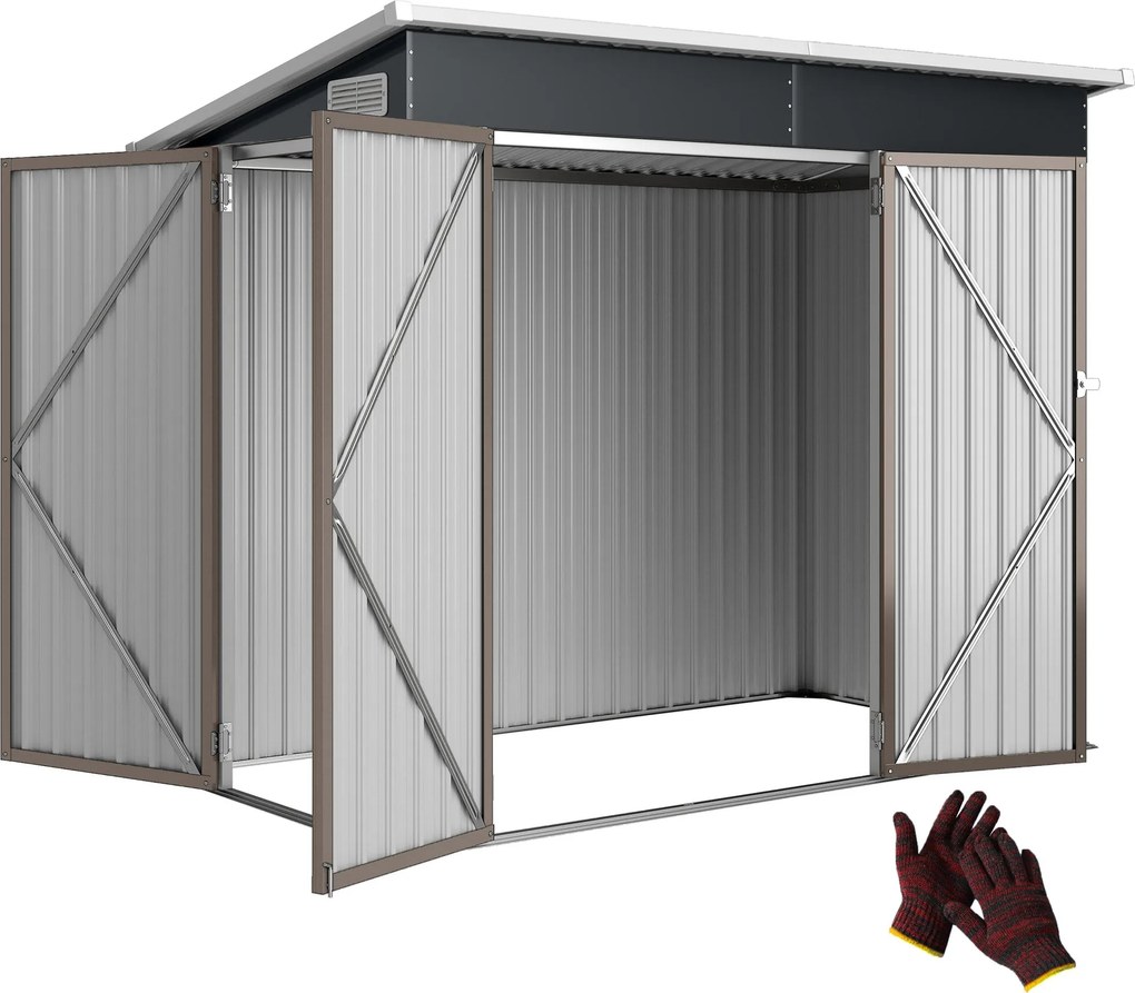 Outsunny fém kerti tároló 234 × 132 × 185 cm — zárható háromajtós, ferde tető, szellőzők, munkakesztyűvel, horganyzott acél, világosszürke | Aosom