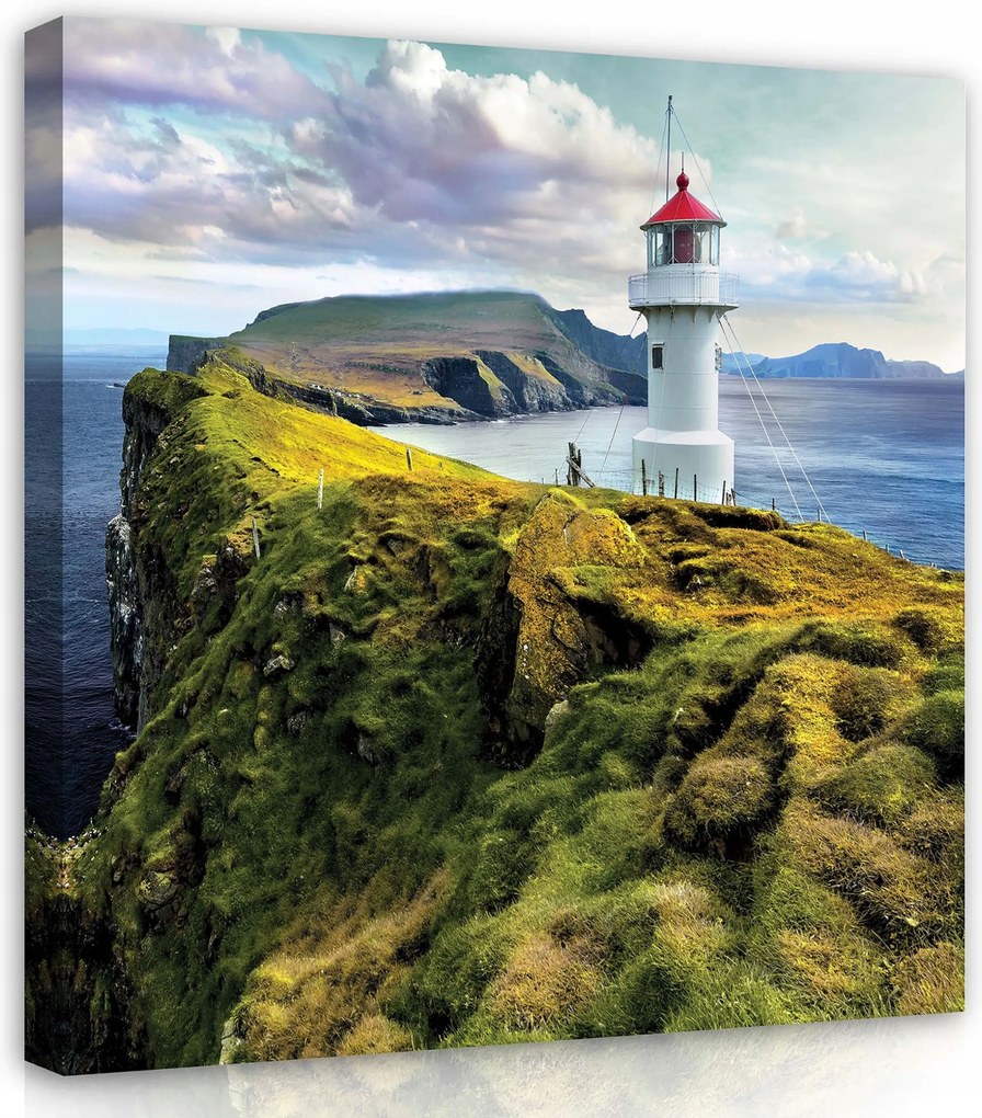 Vászonkép 40x40 Világítótorony a sziklán háborgó tenger északi táj
