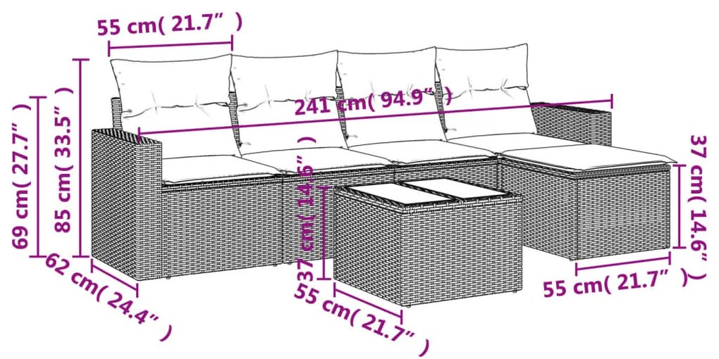 6 részes világosszürke polyrattan kerti ülőgarnitúra párnákkal