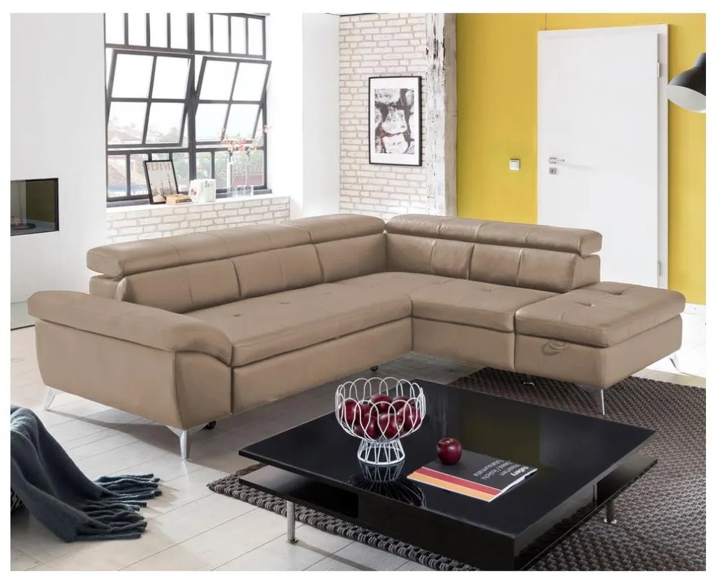 Bőrkárpitos, jobbos, barna, L-alakú, kihúzható SALERNO II sarokkanapé