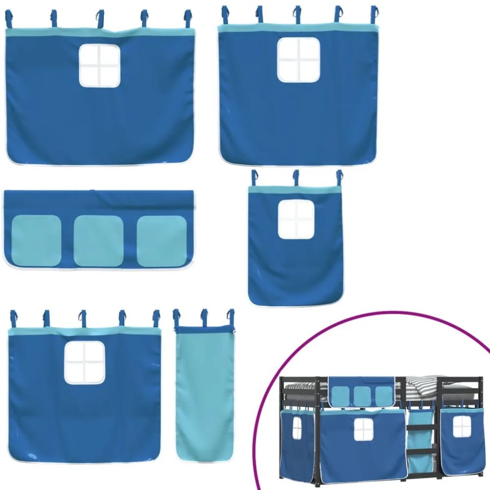 kék tömör fenyőfa emeletes ágy függönyökkel 90 x 200 cm