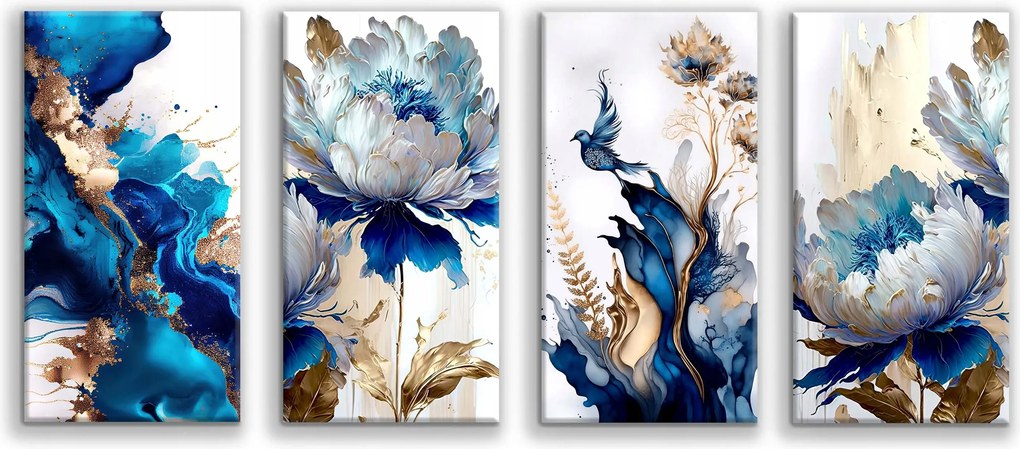 Vászonkép nappaliba Glamour Absztrakt kép virágok Kék és arany 60x120