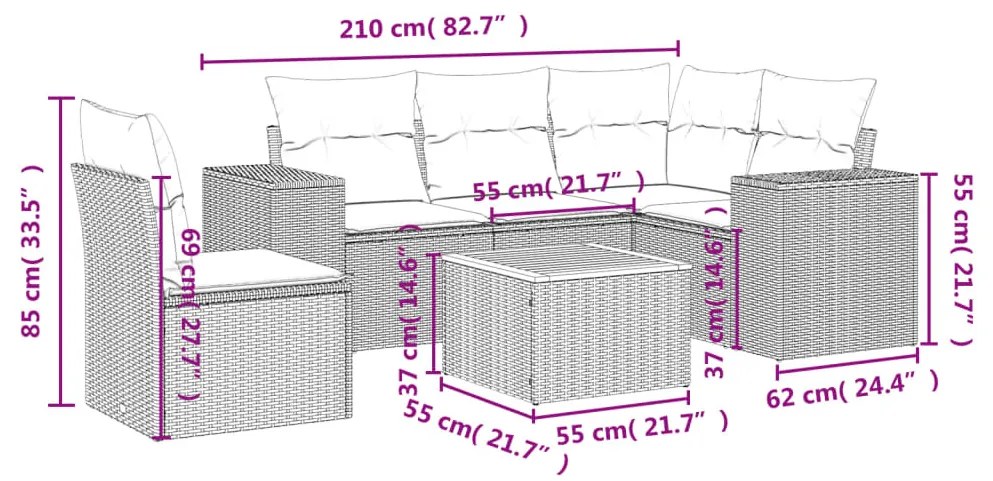 6 részes fekete polyrattan kerti ülőgarnitúra párnákkal