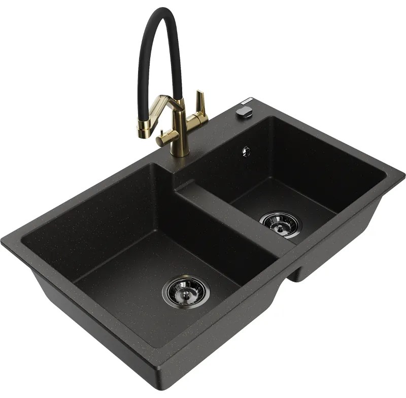 Mexen Tomas gránit 2-medencés mosogató Duo konyhai csapteleppel, fekete/arany metál - 6516-75-671701-57-B