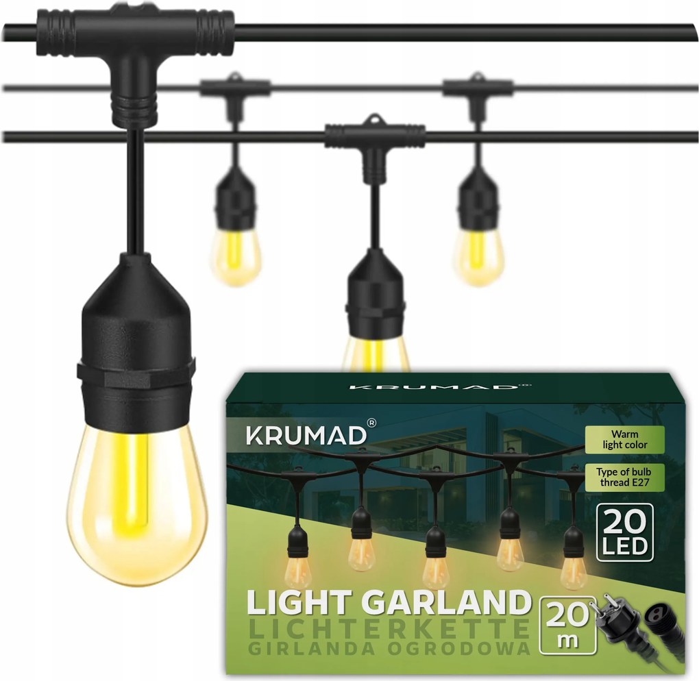 Kerti fényfüzér 20M 20X E27 Led izzó vízálló kábel