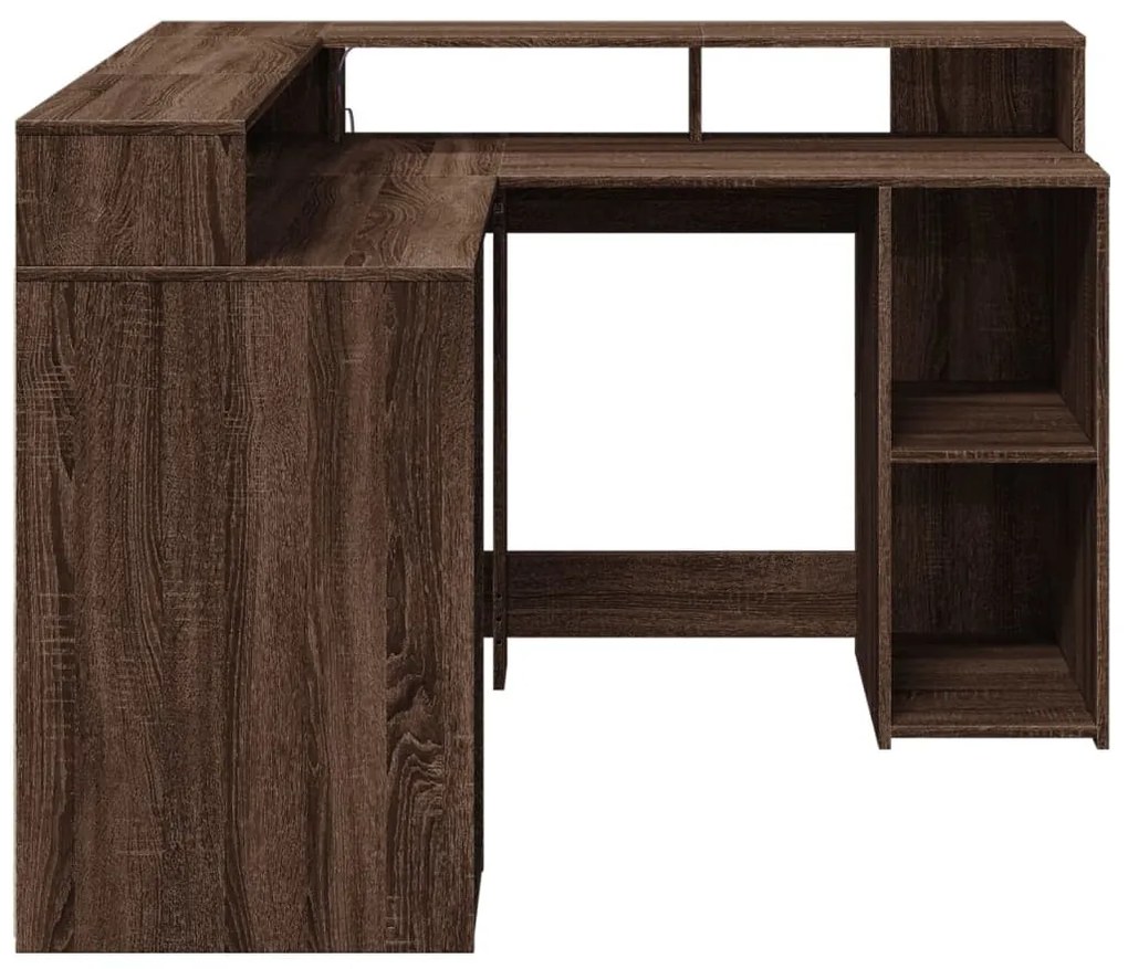 barna tölgy színű szerelt fa íróasztal LED-ekkel 130x130x91 cm
