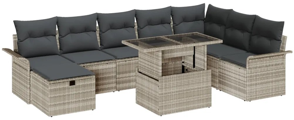 9 Részes Kerti Kanapé Készlet Párnákkal Világosszürke Poli Rattan, 2-Fős Kerti Kanapé Tárolóval és Párnákkal Világosszürke Poli Rattan