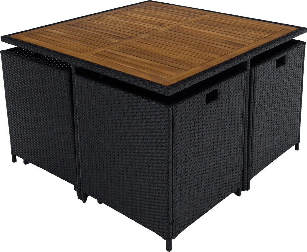 Kerti rattan szett, akácfa, fekete/krémszínű/természetes, MELFORD