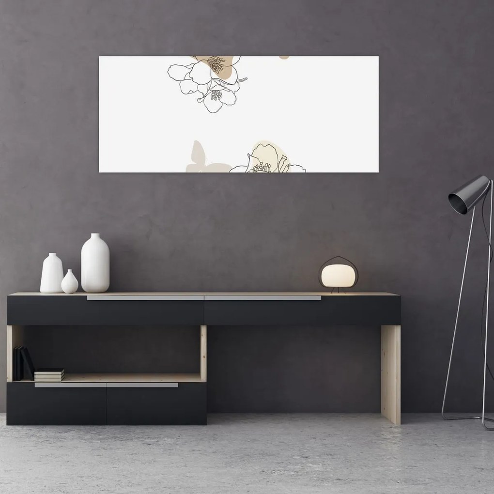 Kép - Bézs virágok pillangóval N⁰2 (120x50 cm)