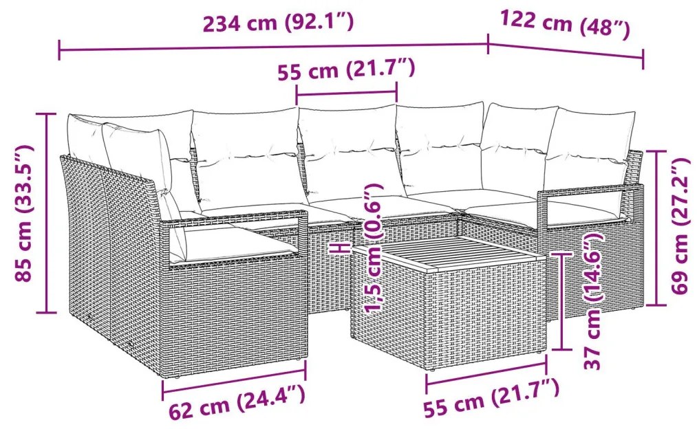 7 darabos kerti kanapé szett párnákkal fekete polyrattan akáciából, 2 személyes kerti kanapé párnákkal fekete polyrattan