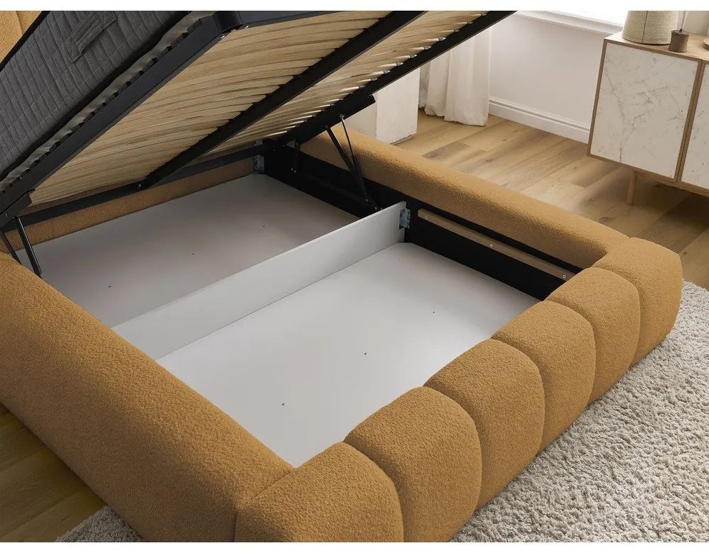 Mustársárga kárpitozott ágyneműtartós franciaágy ágyráccsal 140x190 cm Denali – Bobochic Paris