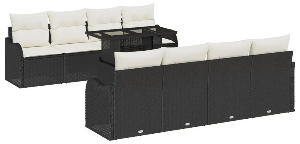 9 részes kerti kanapészett párnákkal fekete poli rattan, 2 személyes kerti kanapé párnákkal fekete poli rattan