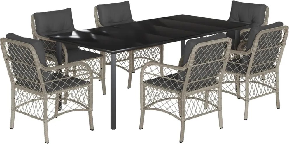 vidaXL 7 részes világosszürke polyrattan kerti étkezőszett párnával