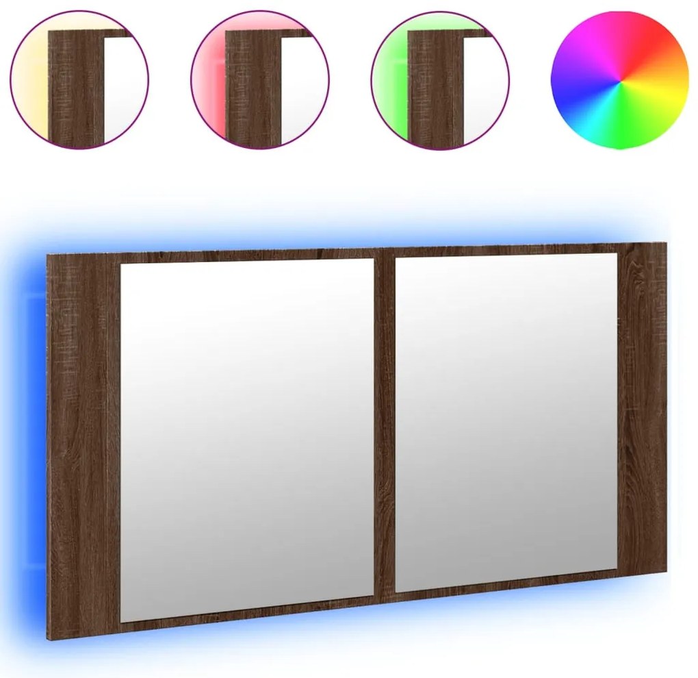 barna tölgy akril LED-es tükrös fürdőszobaszekrény 90x12x45 cm