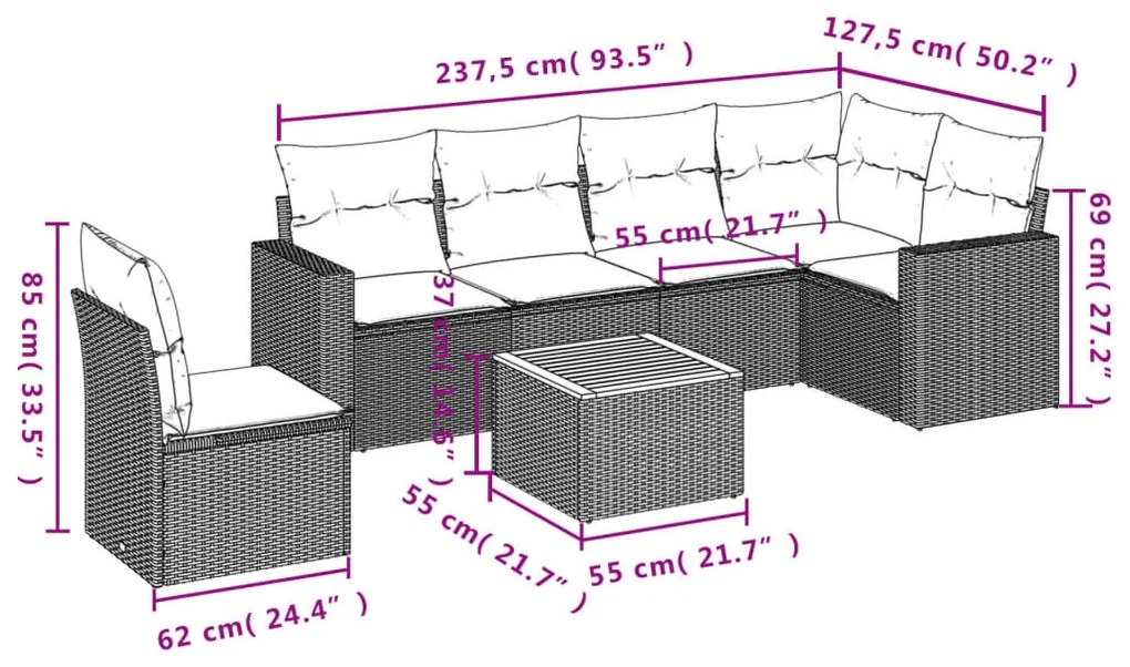 7 részes fekete polyrattan kerti ülőgarnitúra párnával