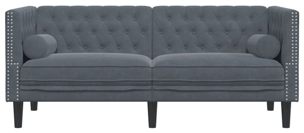 2 személyes sötétszürke bársony Chesterfield kanapé párnákkal