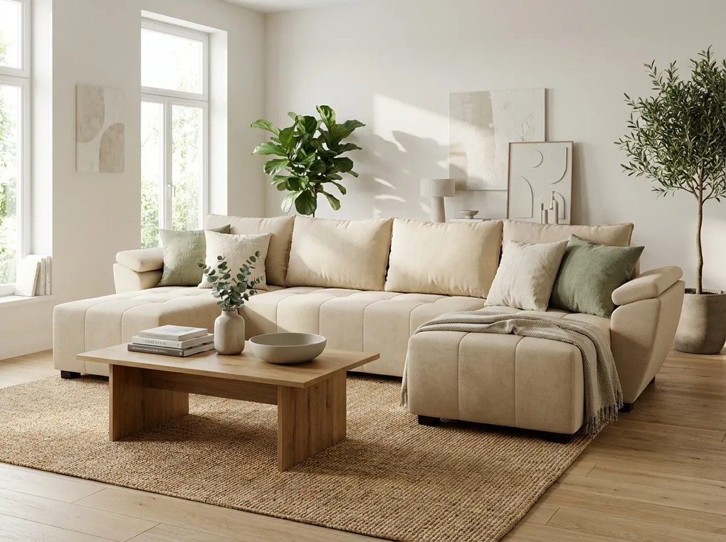 Kinyitható U alakú kanapészett LIVARO 305x140 cm, krémszínű