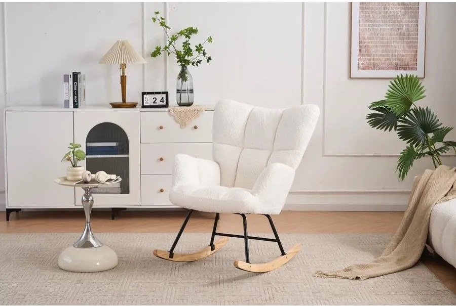 Hintaszék, relaxációs szék plüss szövet kárpitozással, fehér színű