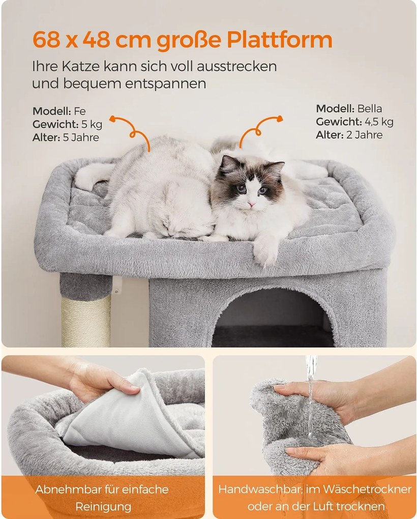 Feandrea XL macskavár (101 cm), 2 barlanggal és kilátóval, 20 kg-ig, világosszürke