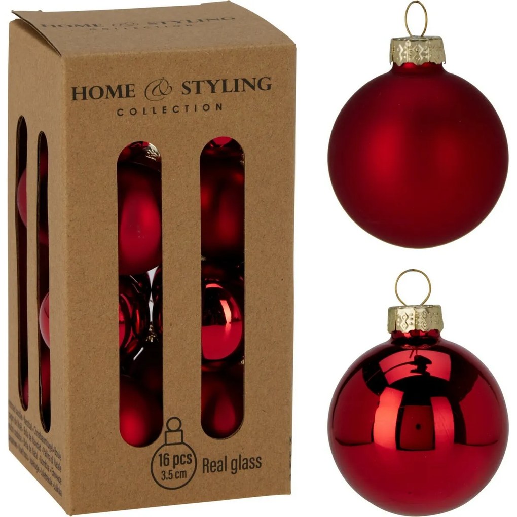 16 darabos karácsonyi díszkészlet Crystal Harmony,piros, átmérő 3,5 cm, üveg, 3,5 cm átmérőjű