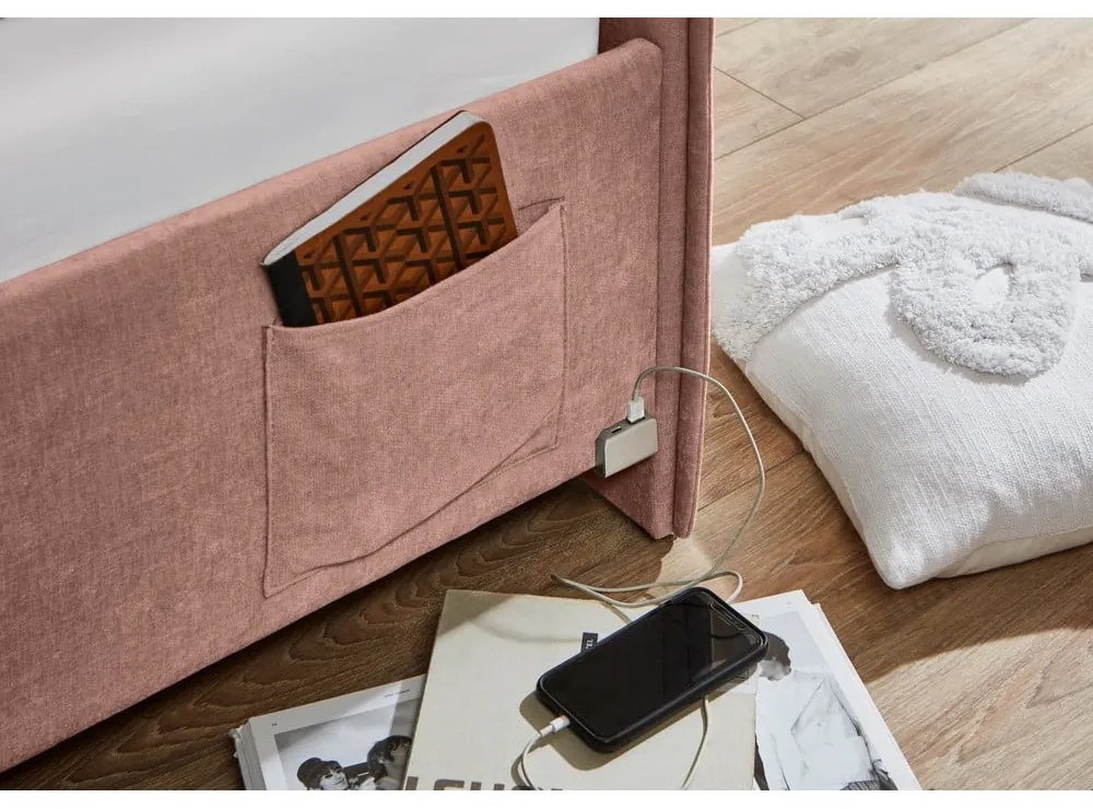 Rózsaszín kárpitozott ágyneműtartós sarok gyerekágy ágyráccsal 120x200 cm Fun – Meise Möbel