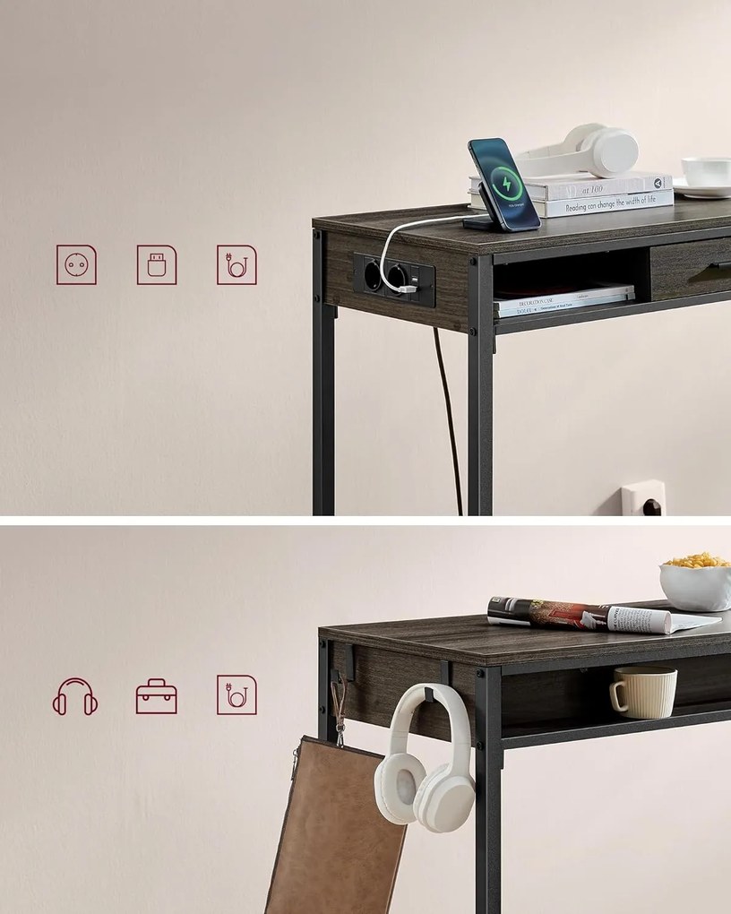 Bárasztal, magas konzolasztal töltőállomással és szövet fiókkal, barna