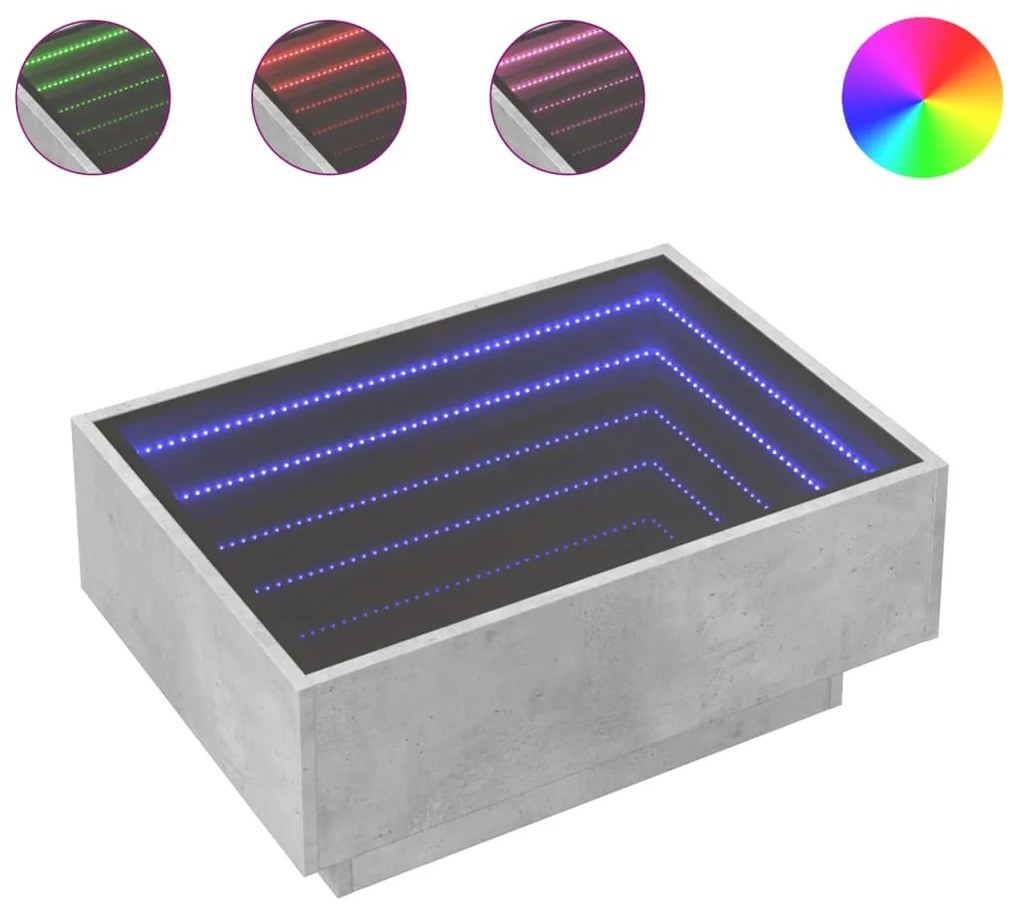 Betonszürke szerelt fa dohányzóasztal LED-del 70 x 50 x 30 cm