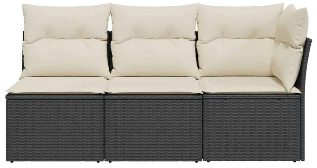Fekete 3 személyes polyrattan kerti kanapé párnákkal