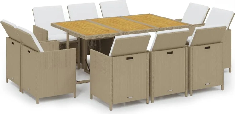 vidaXL 11 részes bézs polyrattan kerti étkezőgarnitúra párnákkal