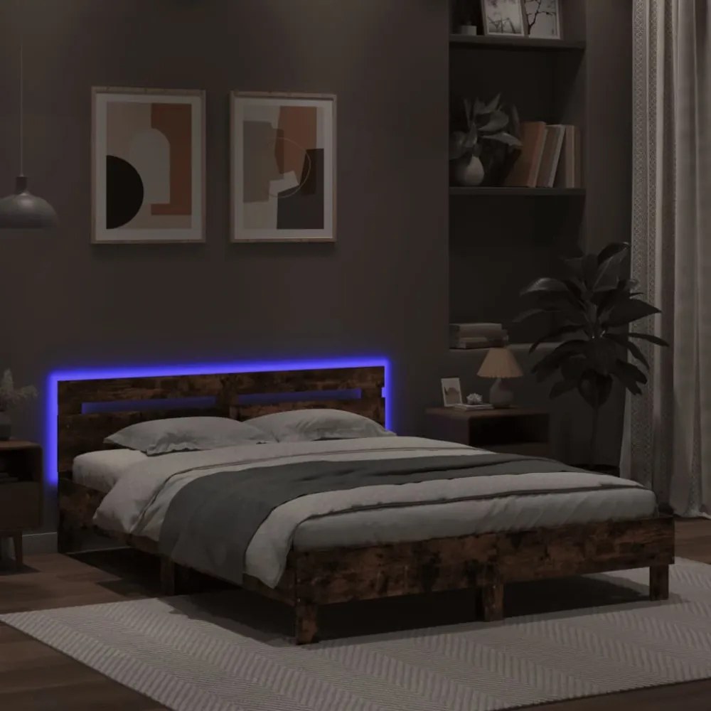 barna tölgy színű ágykeret fejtámlával és LED-del 140x200 cm