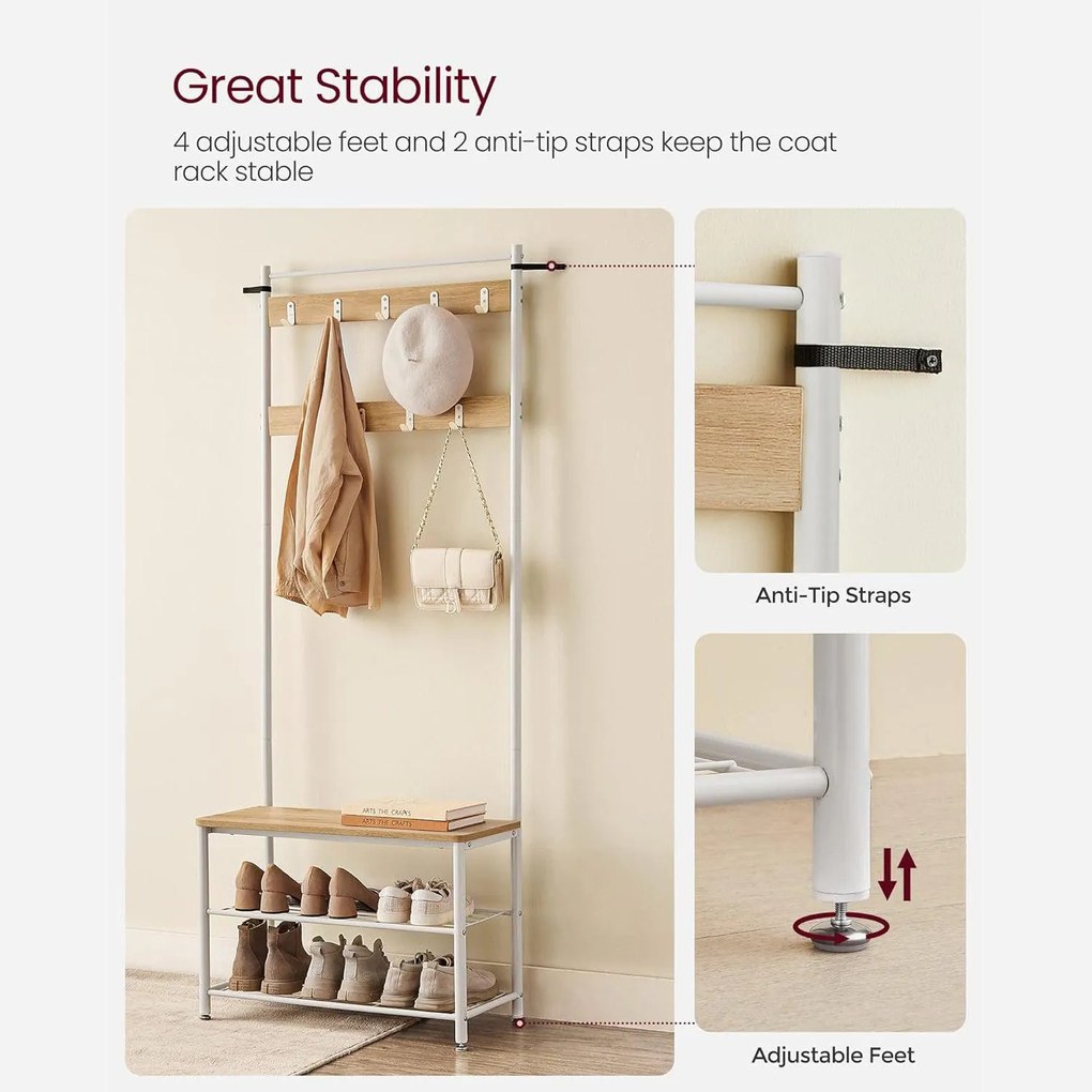 Kabáttartó cipőtároló paddal, tölgy és fehér