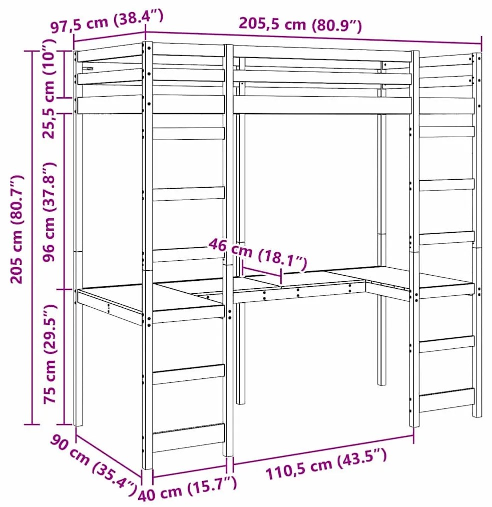 vidaXL Tetőtéri ágykeret Természetes 90 x 200 cm Tömör fenyőfa