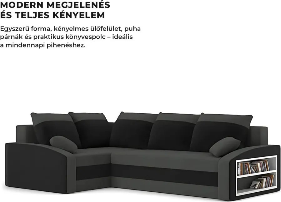 Grande sarokkanapé polcokkal , polc a jobb karfaban, baloldali, szövet anyag, hab töltet, szürke - fekete