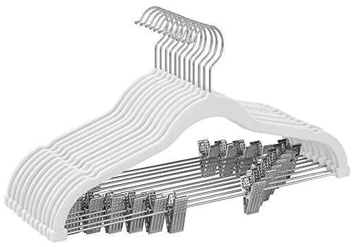 Nadrágakasztó, 12 darabos bársony akasztó készlet állítható kapcsokkal, fehér