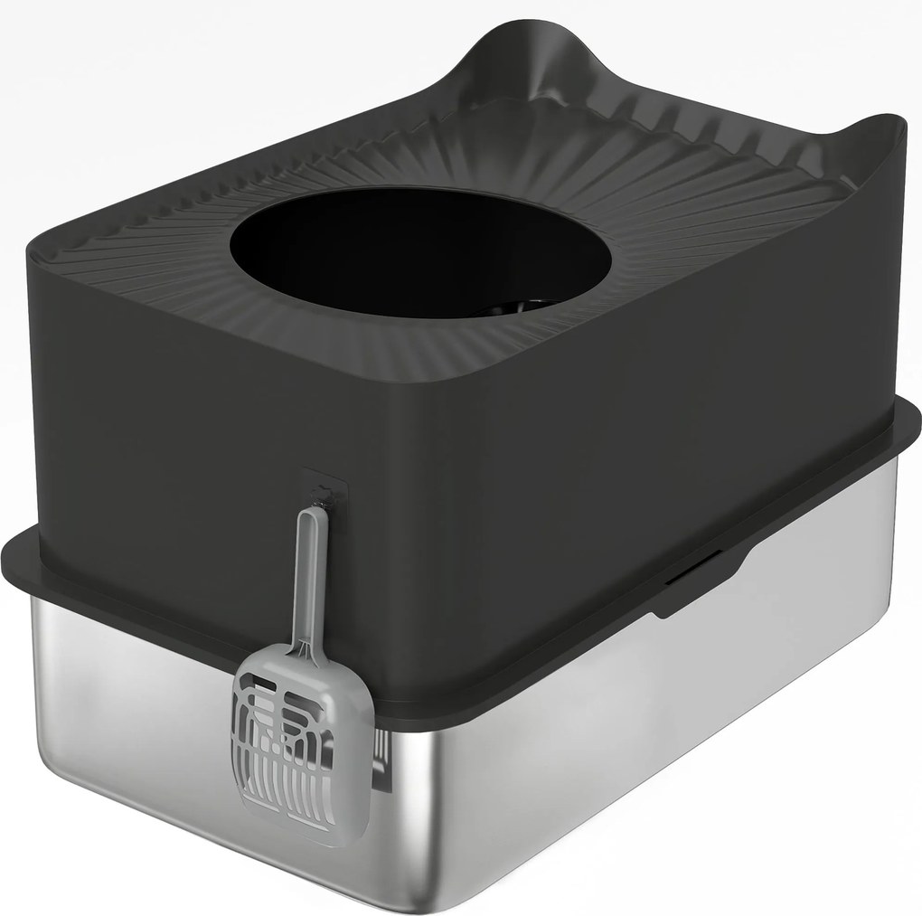 PawHut XXL Rozsdamentes Acél Macskaalom Tálca, 65L Nagy Kapacitású, Macska WC Ház, Készlettel és Csúszásgátló Lábakkal, Könnyen Tisztítható, 60 x 40 x