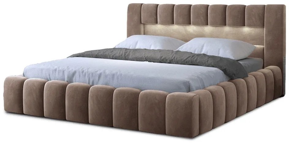 Világosbarna kárpitozott ágyneműtartós franciaágy ágyráccsal 180x200 cm Lamica – ELTAP