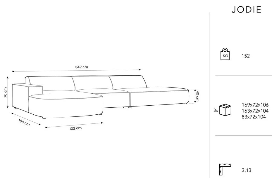 Kék bársony sarokkanapé (bal oldali) Jodie - Micadoni Home