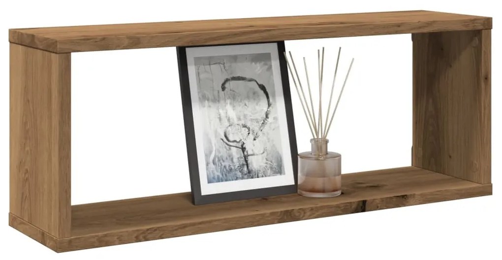 2 db kézműves tölgyszínű szerelt fa fali kockapolc 60x15x23 cm