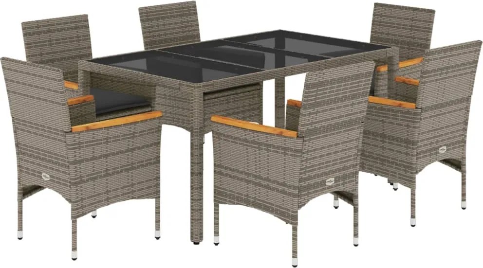 vidaXL 7 részes szürke polyrattan/üveg kerti étkezőgarnitúra párnával