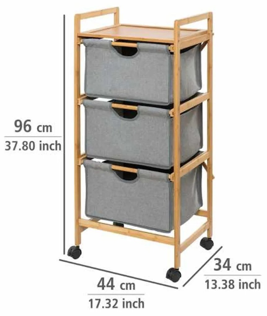 Többszintes támaszték 3 fiókkal Bahari, Wenko, 44 ​​x 96 cm, bambusz / poliészter / pamut, natúr / szürke