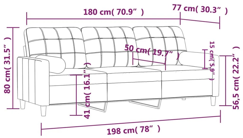 3 személyes fekete szövet kanapé díszpárnákkal 180 cm