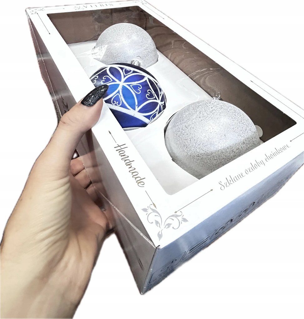 Vitbis Üveg karácsonyfadísz 10 cm 3 db fehér-kék Kézzel festett