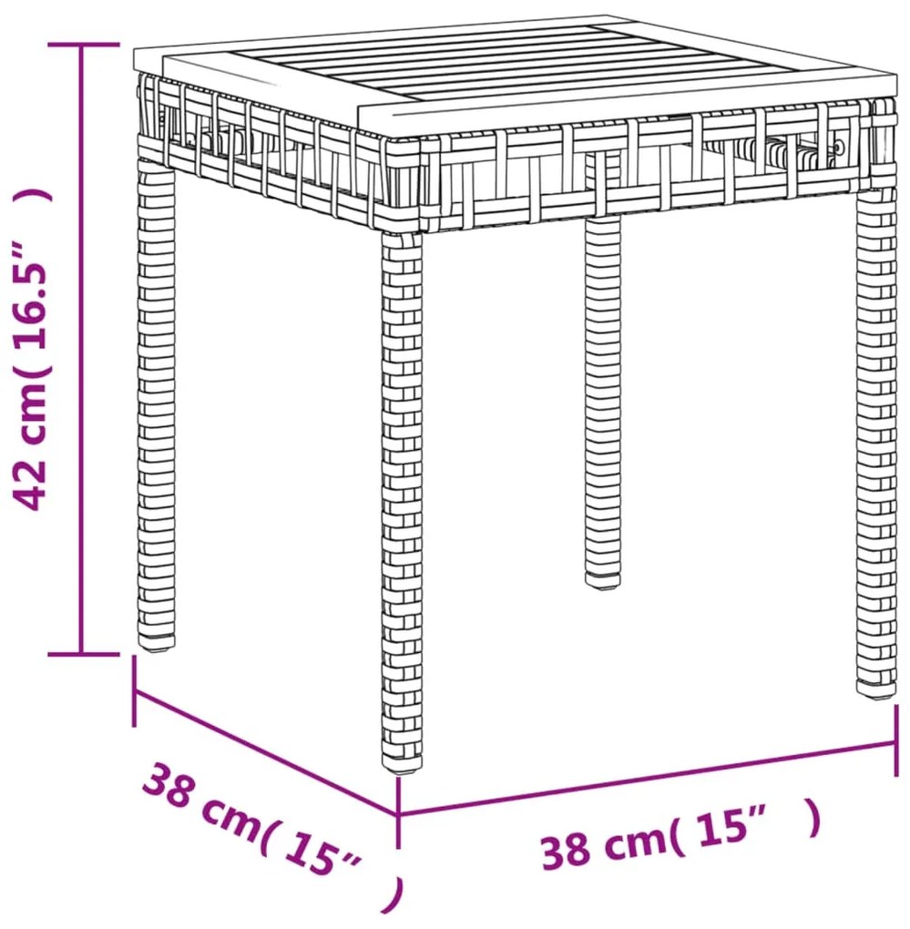 fekete polyrattan és akácfa kerti asztal 38 x 38 x 42 cm